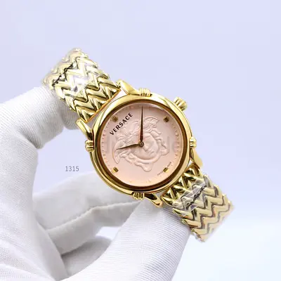 Versace Gold-Tone Womens Master Copy Watch with Pink Medusa Dial