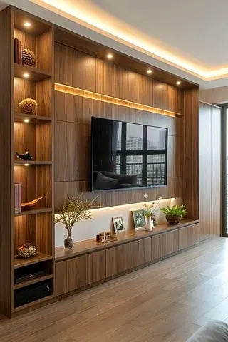 Custom Walnut Wall-Mounted Entertainment Unit with Shelving and LED Lighting