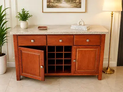 Solid Wood Sideboard with Marble Top and Wine Storage