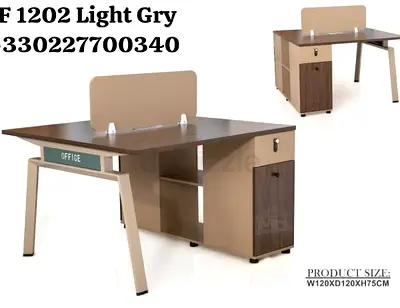 Modern Two-Person Office Workstation Desk with Divider and Storage (Light Grey/Brown)