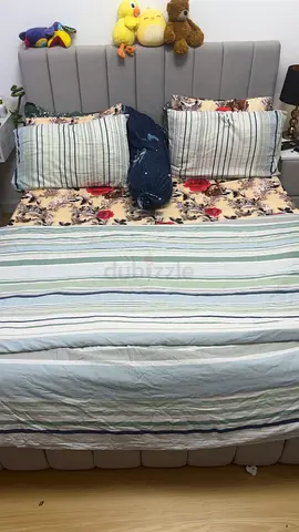 Queen bed frame with upholstered headboard and mattress (good condition) with dressing table