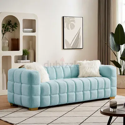 Sky blue boucle upholstered cloud sofa