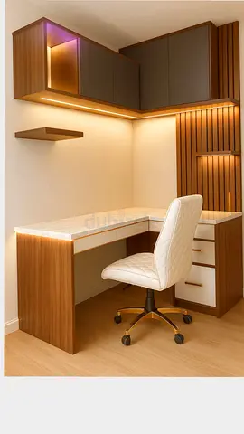 L-shaped Study Desk with Overhead Cabinets