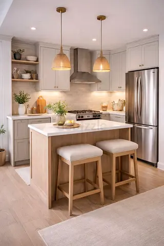 Solid Wood Kitchen Island with Two Bar Stools — Light Oak Finish