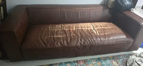 Brown Leather 3-Seater Sofa - Comfortable, Used. 224x100cm