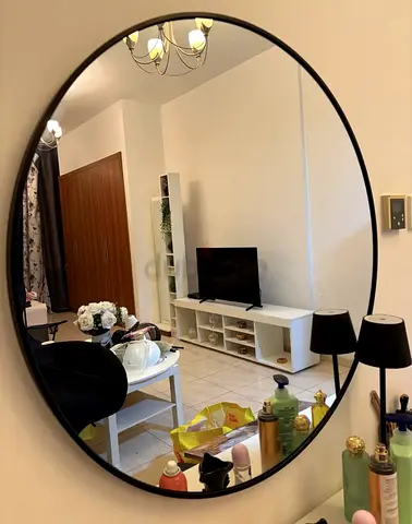 16” Large Round Wall Mirror with Slim Black Frame - Good Condition