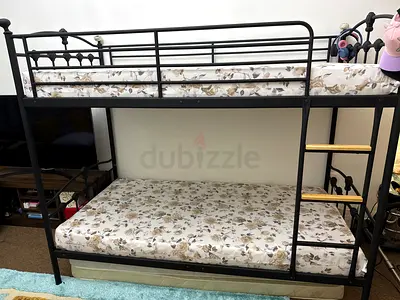 Metal Bunk Bed with Floral Mattresses - Black, Good Condition