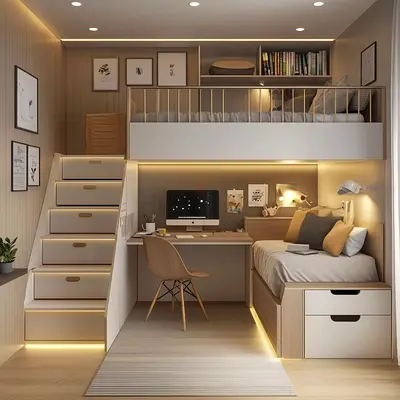 Modern space-saving bunk bed with integrated desk and storage