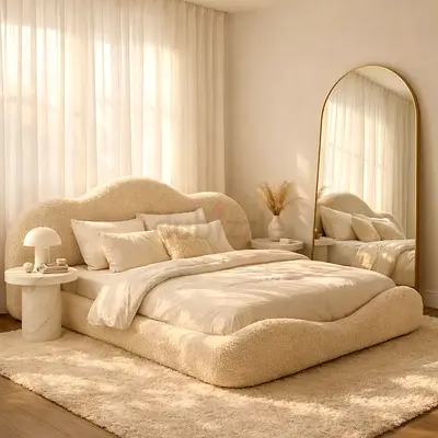 Plush Curved Platform Bed with Upholstered Headboard - Cream customised in different colours sizes