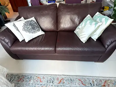 Dark Brown Genuine Leather 3-Seater Sofa - Good Condition. IKEA