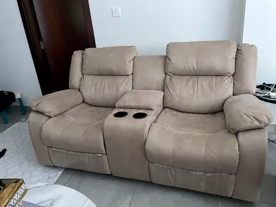 Beige 2-Seater Recliner Sofa with Center Console and Cup Holders from dunub, almost brand new