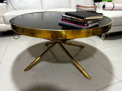 Round Brass  Glass Coffee Table with Crossed Legs