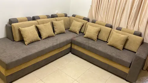 L-shaped Brown Fabric Corner Sofa with Cushions - Used Condition