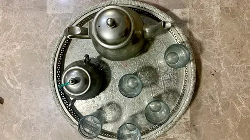 Traditional Moroccan Tea Set — Silver Plated Tray, Teapot, Sugar Bowl  Glasses