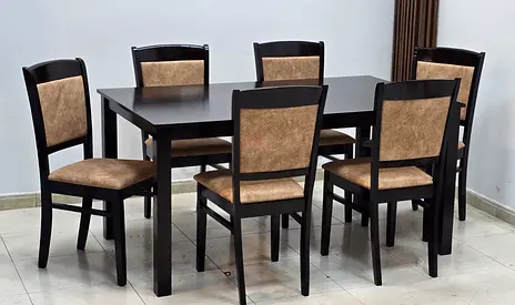 Solid Wood 6-Seater Dining Table with Upholstered Chairs - Dark Finish