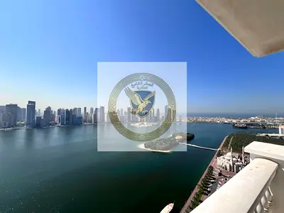 Stunning sea view with a balcony in one of the best towers in Sharjah. Spacious 3-bedroom apartment with living room, central AC, gym, and swimming p