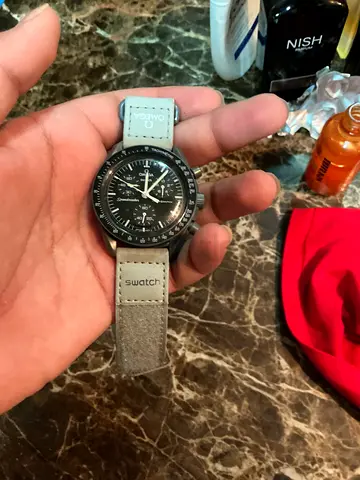 Swatch Chronograph Mens Watch - Black Dial, Light Strap
