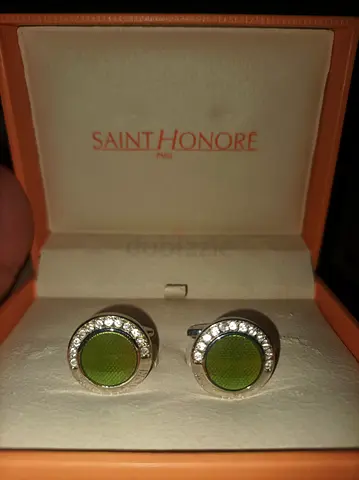 Saint Honore Green Enamel Cufflinks with Crystal Border (Box Included)