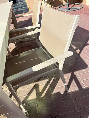 Set of 4 Beige Outdoor Dining Chairs - Stackable, Metal Frame