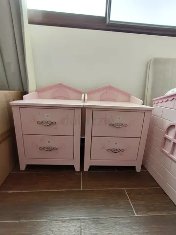 Pair of Pink Childrens Nightstands / Bedside Tables - Princess Theme, bed and dresser