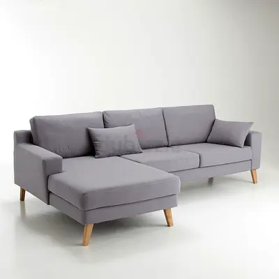 Light Grey L-shaped Fabric Sofa with Wooden Legs (Left Chaise)