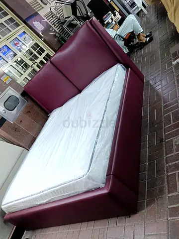 Wine-red Leatherette Double Bed with Headboard and Mattress Included