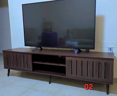 Wooden TV Entertainment Unit - Dark Brown, Modern Slatted Doors