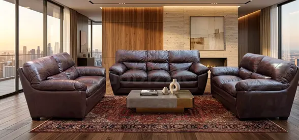 Genuine Leather 3-Piece Sofa Set – Brown, Good Condition