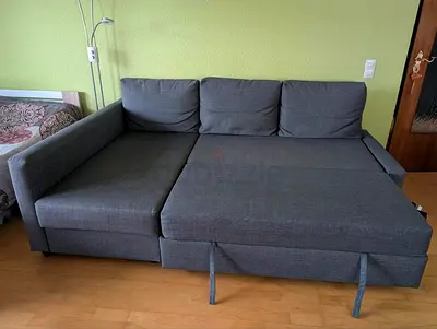 Gray 3-seater L-shape Sofa Bed — Pull-out Double Bed, Good Condition