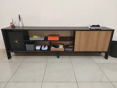 Long low TV unit / media console with sliding doors - black frame, wood finish