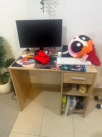Compact wooden computer desk table with storage shelves and drawer - good condition