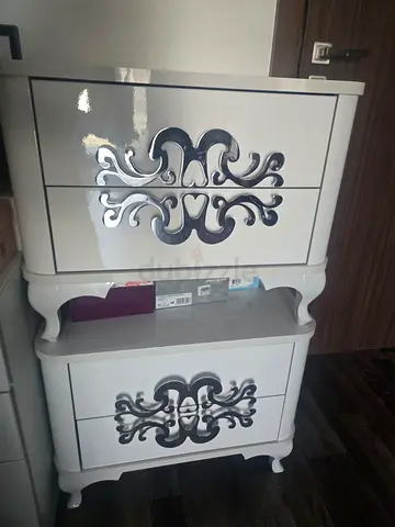 White Gloss Nightstand / Chest with Ornate Silver Detailing - Set of 2