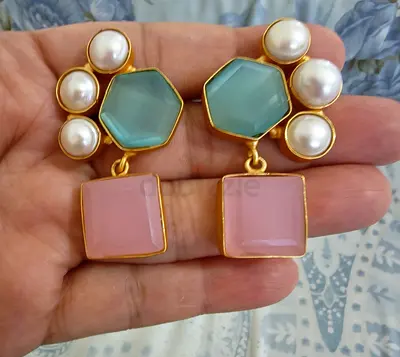 Gold-tone statement drop earrings with pastel stones and faux pearls