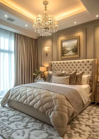 Neutral tufted king bed with cushion headboard