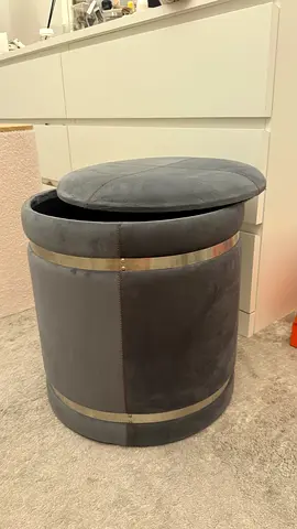 Grey Velvet Round Storage Ottoman with Lift-Up Lid