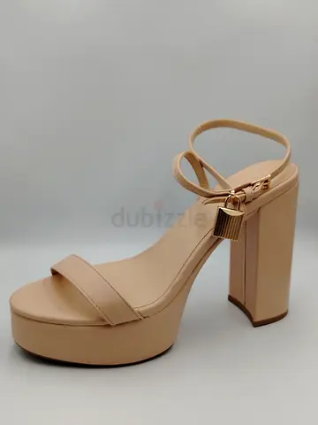 Beige Platform Block Heel Sandals with Ankle Strap and Padlock Charm - Size 41