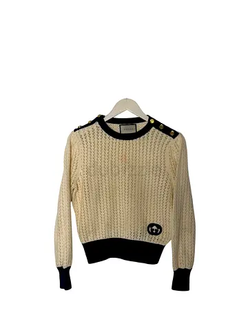 Gucci Cream Knit Sweater with Navy Trim and Gold Buttons (Women’s)