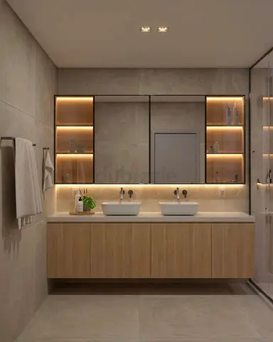 Modern floating double-sink bathroom vanity with illuminated mirror and shelving