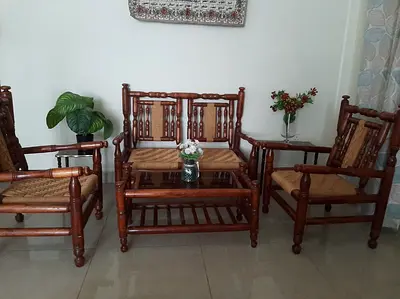 Traditional Solid Wood Sofa Set with Handwoven Cane – Excellent Condition