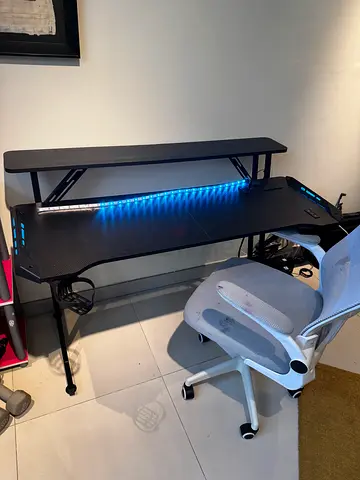 Gaming PC Desk with LED Lighting and Raised Monitor Shelf