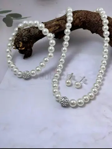 Pearl Necklace, Bracelet  Stud Earrings Set with Crystal Accent