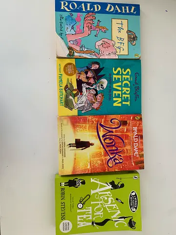 4 Childrens Fiction Books — Roald Dahl, Enid Blyton, Roald Dahls Wonka, and A Present for Tea