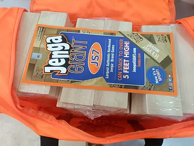 Brand new only for box open never useJenga Giant Wooden Block Game (5ft) - Complete Set in Carry Bag