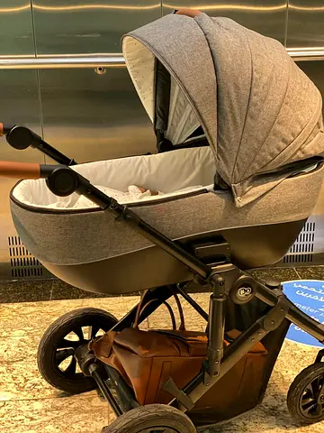 Grey Bassinet Stroller with Large Storage Basket — Good Condition