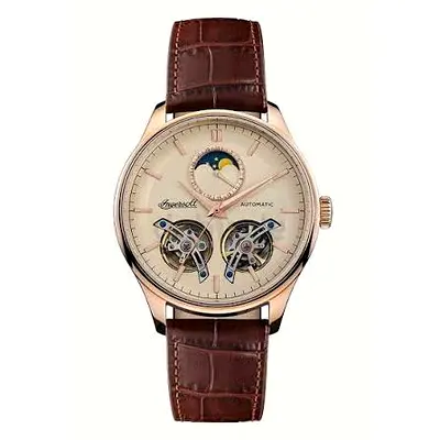 Ingersoll Gold Dual Tourbillon Watch with Brown Leather Strap