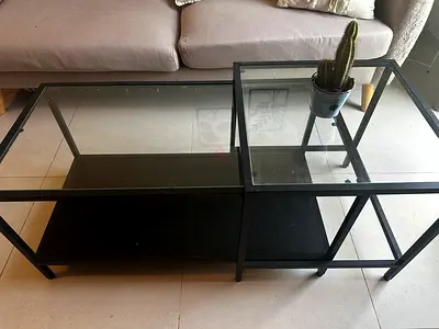 Black metal and glass display/console table - good condition
