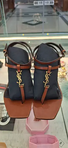 Brown YSL Logo Square-Toe Leather Sandals – Size (please confirm)