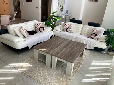 2 Modern white Italian leather sofas set with 2 wooden coffee tables