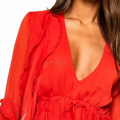 Red V-neck Ruffled Long-Sleeve Boho Hippie Womens Dress Light Sheer Fabric
