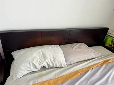 Dark Wood King Size Bed Headboard with Side Nightstands and 2 drawers underneath. Mattress included